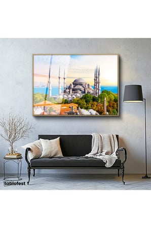 Altın Renk Metal Çerçeveli Tamperli Cam Tablo Sultanahmet Camii ve Ağaçlar Şehir Mimari Tablo Duvar Dekoru