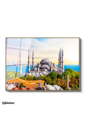 Altın Renk Metal Çerçeveli Tamperli Cam Tablo Sultanahmet Camii ve Ağaçlar Şehir Mimari Tablo Duvar Dekoru
