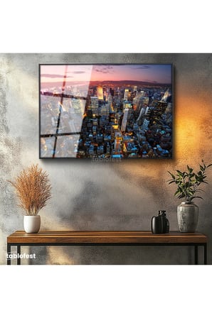 Siyah Renk Metal Çerçeveli Tamperli Cam Tablo New York Manhattan Şehir Manzarası Şehir Mimari Tablo Duvar Dekoru