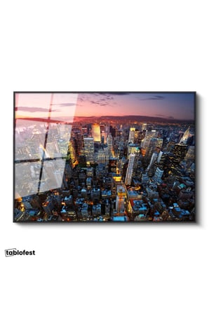 Siyah Renk Metal Çerçeveli Tamperli Cam Tablo New York Manhattan Şehir Manzarası Şehir Mimari Tablo Duvar Dekoru