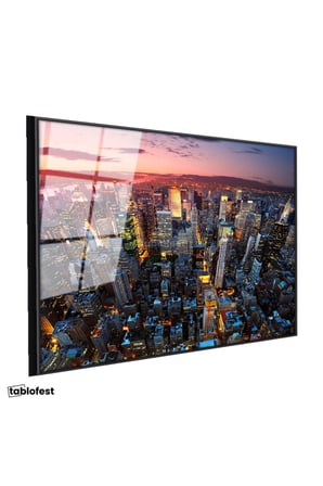 Siyah Renk Metal Çerçeveli Tamperli Cam Tablo New York Manhattan Şehir Manzarası Şehir Mimari Tablo Duvar Dekoru