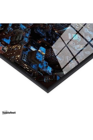 Siyah Renk Metal Çerçeveli Tamperli Cam Tablo New York Manhattan Şehir Manzarası Şehir Mimari Tablo Duvar Dekoru