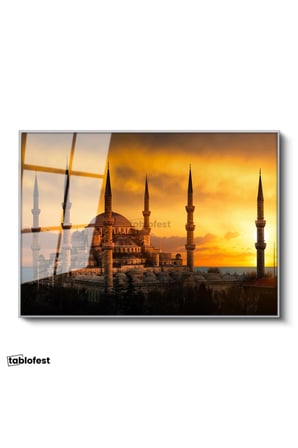 Gümüş Renk Metal Çerçeveli Tamperli Cam Tablo Sultanahmet Camii Gün Batımı Silüeti Şehir Mimari Tablo Duvar Dekoru