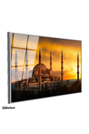 Gümüş Renk Metal Çerçeveli Tamperli Cam Tablo Sultanahmet Camii Gün Batımı Silüeti Şehir Mimari Tablo Duvar Dekoru