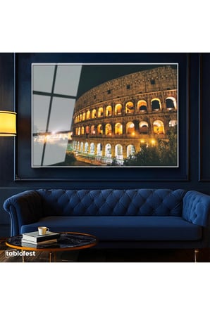 Gümüş Renk Metal Çerçeveli Tamperli Cam Tablo Roma Kolezyum Gece Aydınlatması Şehir Mimari Tablo Duvar Dekoru