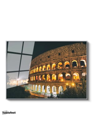 Gümüş Renk Metal Çerçeveli Tamperli Cam Tablo Roma Kolezyum Gece Aydınlatması Şehir Mimari Tablo Duvar Dekoru