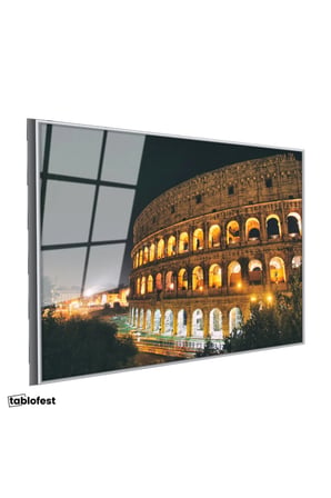 Gümüş Renk Metal Çerçeveli Tamperli Cam Tablo Roma Kolezyum Gece Aydınlatması Şehir Mimari Tablo Duvar Dekoru