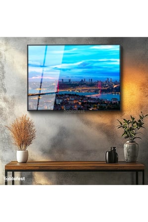 Siyah Renk Metal Çerçeveli Tamperli Cam Tablo İstanbul Boğaz Köprüsü Gece Şehir Mimari Tablo Duvar Dekoru