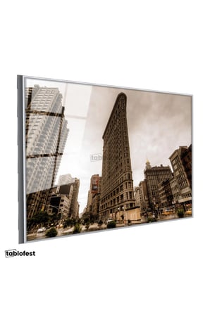 Gümüş Renk Metal Çerçeveli Tamperli Cam Tablo New York Flatiron Binası Şehir Mimari Tablo Duvar Dekoru