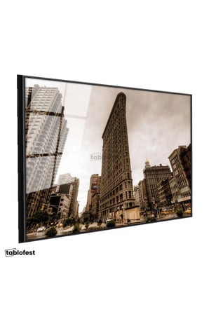 Siyah Renk Metal Çerçeveli Tamperli Cam Tablo New York Flatiron Binası Şehir Mimari Tablo Duvar Dekoru