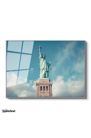 Gümüş Renk Metal Çerçeveli Tamperli Cam Tablo New York Özgürlük Anıtı Şehir Mimari Tablo Duvar Dekoru