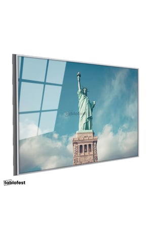 Gümüş Renk Metal Çerçeveli Tamperli Cam Tablo New York Özgürlük Anıtı Şehir Mimari Tablo Duvar Dekoru