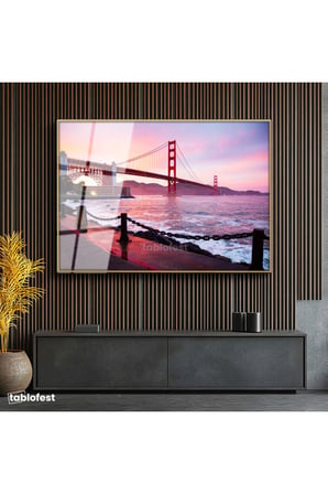 Altın Renk Metal Çerçeveli Tamperli Cam Tablo Golden Gate Köprüsü Kıyı Zincirleri Şehir Mimari Tablo Duvar Dekoru