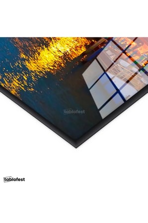 Siyah Renk Metal Çerçeveli Tamperli Cam Tablo Venedik Kanalı ve Sandallar Şehir Mimari Tablo Duvar Dekoru