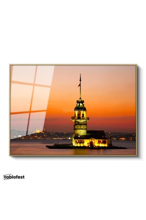 Altın Renk Metal Çerçeveli Tamperli Cam Tablo Kız Kulesi ve İstanbul Silüeti Şehir Mimari Tablo Duvar Dekoru