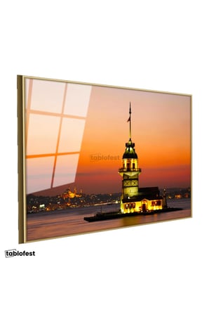 Altın Renk Metal Çerçeveli Tamperli Cam Tablo Kız Kulesi ve İstanbul Silüeti Şehir Mimari Tablo Duvar Dekoru