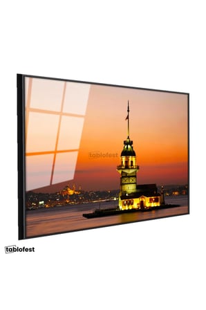Siyah Renk Metal Çerçeveli Tamperli Cam Tablo Kız Kulesi ve İstanbul Silüeti Şehir Mimari Tablo Duvar Dekoru