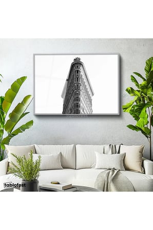 Gümüş Renk Metal Çerçeveli Tamperli Cam Tablo Flatiron Binası Üst Cephe Şehir Mimari Tablo Duvar Dekoru
