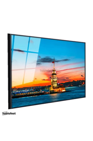 Siyah Renk Metal Çerçeveli Tamperli Cam Tablo Kız Kulesi Turuncu Gün Batımı Şehir Mimari Tablo Duvar Dekoru