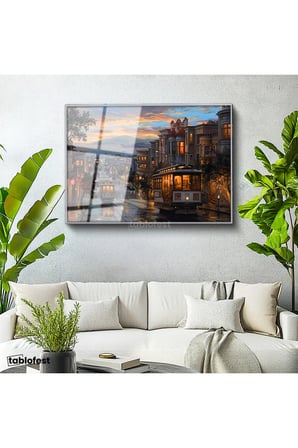 Gümüş Renk Metal Çerçeveli Tamperli Cam Tablo San Francisco Tramvay Ve Yokuş Yol Şehir Ve Mimari Tablo Duvar Dekoru