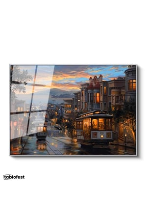 Gümüş Renk Metal Çerçeveli Tamperli Cam Tablo San Francisco Tramvay Ve Yokuş Yol Şehir Ve Mimari Tablo Duvar Dekoru