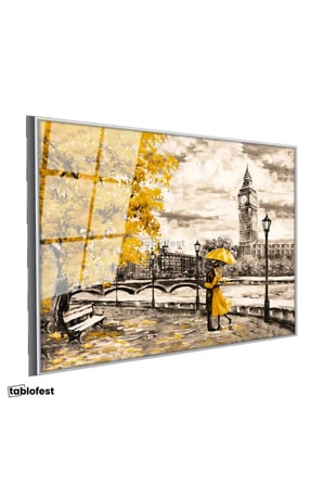 Gümüş Renk Metal Çerçeveli Tamperli Cam Tablo Londra Big Ben Ve Sonbahar Teması Şehir Ve Mimari Tablo Duvar Dekoru