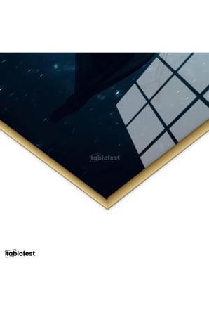 Altın Renk Metal Çerçeveli Tamperli Cam Tablo Gece Gölü Ahşap Kayık ve Dağ Manzarası Manzara Tablosu Duvar Dekoru