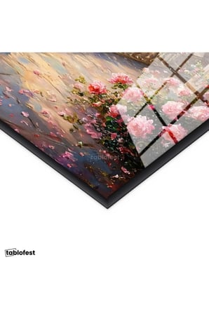 Siyah Renk Metal Çerçeveli Tamperli Cam Tablo Güllü Sütunlu Sahil ve Yelkenli Manzara Ve Doğa Tablosu Duvar Dekoru