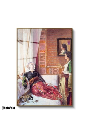 Altın Renk Metal Çerçeveli Tamperli Cam Tablo Harem Odasında Dinlenen Sultanlar Osmanlı Tablosu Duvar Dekoru