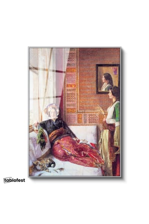 Gümüş Renk Metal Çerçeveli Tamperli Cam Tablo Harem Odasında Dinlenen Sultanlar Osmanlı Tablosu Duvar Dekoru