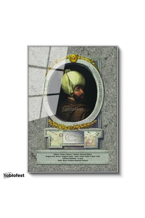 Gümüş Renk Metal Çerçeveli Tamperli Cam Tablo Sultan Birinci Bayezid Tarihi Portre Osmanlı Tablosu Duvar Dekoru