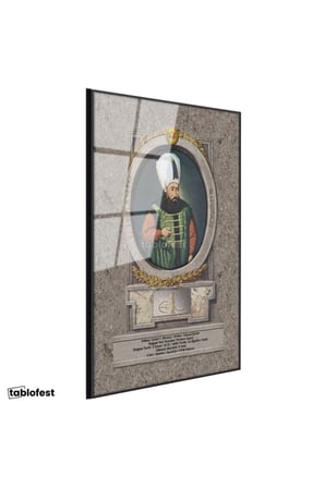 Siyah Renk Metal Çerçeveli Tamperli Cam Tablo Sultan İbrahim Han Padişah Portresi Osmanlı Tablosu Duvar Dekoru