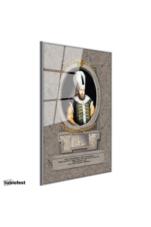 Gümüş Renk Metal Çerçeveli Tamperli Cam Tablo Sultan Birinci Mustafa Han Portresi Osmanlı Tablosu Duvar Dekoru