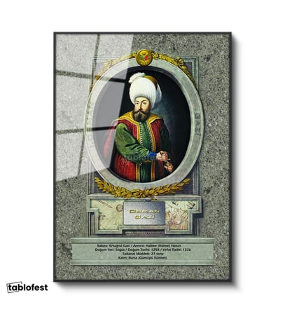 Siyah Renk Metal Çerçeveli Tamperli Cam Tablo Osman Gazi Han Padişah Portresi Osmanlı Tablosu Duvar Dekoru