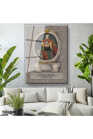 Gümüş Renk Metal Çerçeveli Tamperli Cam Tablo Sultan I Ahmed Portresi Osmanlı Tablosu Duvar Dekoru