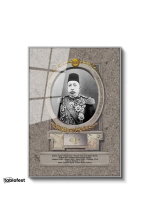 Gümüş Renk Metal Çerçeveli Tamperli Cam Tablo Sultan Mehmed Reşad Portresi Osmanlı Tablosu Duvar Dekoru