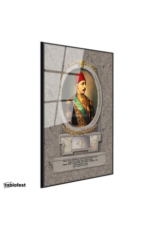 Siyah Renk Metal Çerçeveli Tamperli Cam Tablo Sultan Mehmed Reşad Üniformalı Portre Osmanlı Tablosu Duvar Dekoru