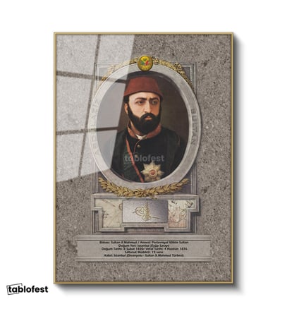 Altın Renk Metal Çerçeveli Tamperli Cam Tablo Sultan Abdülaziz Portresi Osmanlı Tablosu Duvar Dekoru