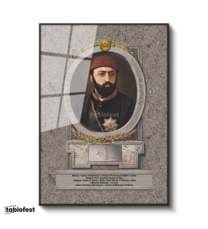 Siyah Renk Metal Çerçeveli Tamperli Cam Tablo Sultan Abdülaziz Portresi Osmanlı Tablosu Duvar Dekoru