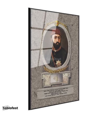 Siyah Renk Metal Çerçeveli Tamperli Cam Tablo Sultan Abdülaziz Portresi Osmanlı Tablosu Duvar Dekoru