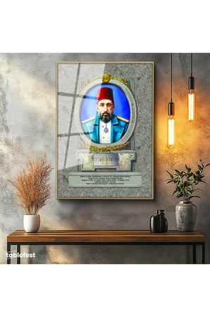 Altın Renk Metal Çerçeveli Tamperli Cam Tablo Sultan II Abdülhamid Portresi Osmanlı Tablosu Duvar Dekoru