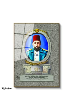 Altın Renk Metal Çerçeveli Tamperli Cam Tablo Sultan II Abdülhamid Portresi Osmanlı Tablosu Duvar Dekoru