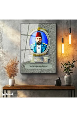 Siyah Renk Metal Çerçeveli Tamperli Cam Tablo Sultan II Abdülhamid Portresi Osmanlı Tablosu Duvar Dekoru