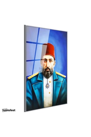Gümüş Renk Metal Çerçeveli Tamperli Cam Tablo Sultan II Abdülhamid Modern Yorum Portresi Osmanlı Tablosu Duvar Dekoru