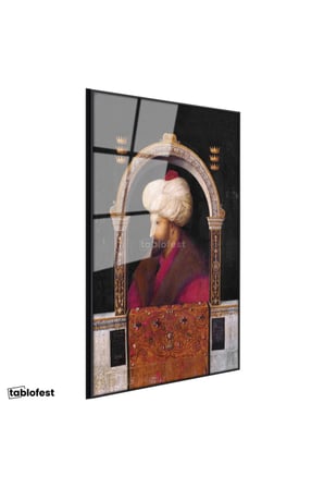 Siyah Renk Metal Çerçeveli Tamperli Cam Tablo Fatih Sultan Mehmed Kemerli Kompozisyon Osmanlı Tablosu Duvar Dekoru