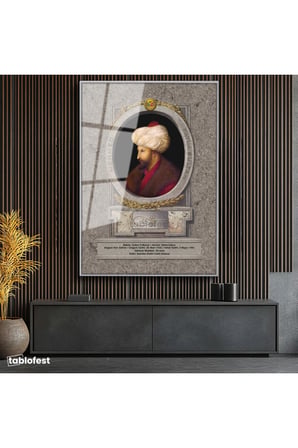 Gümüş Renk Metal Çerçeveli Tamperli Cam Tablo Fatih Sultan Mehmed Klasik Portre Osmanlı Tablosu Duvar Dekoru