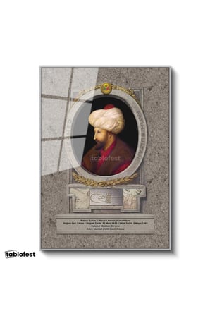 Gümüş Renk Metal Çerçeveli Tamperli Cam Tablo Fatih Sultan Mehmed Klasik Portre Osmanlı Tablosu Duvar Dekoru