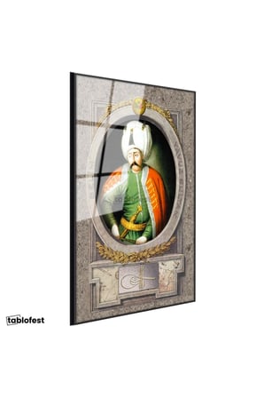 Siyah Renk Metal Çerçeveli Tamperli Cam Tablo Yavuz Sultan Selim Portresi Osmanlı Tablosu Duvar Dekoru