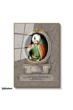 Altın Renk Metal Çerçeveli Tamperli Cam Tablo Yavuz Sultan Selim Klasik Portre Osmanlı Tablosu Duvar Dekoru