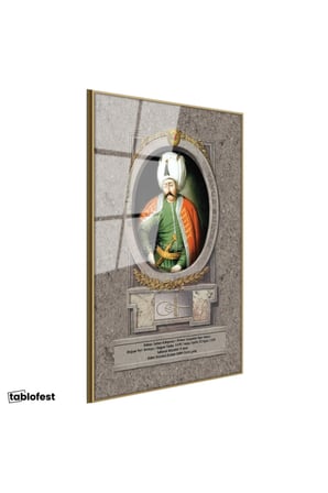 Altın Renk Metal Çerçeveli Tamperli Cam Tablo Yavuz Sultan Selim Klasik Portre Osmanlı Tablosu Duvar Dekoru